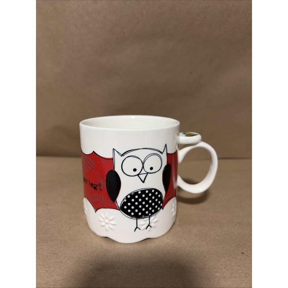 Amylee Weeks Owl Coffee Mug He Will Strengthen Your Heart Porcelain Art Deco Red